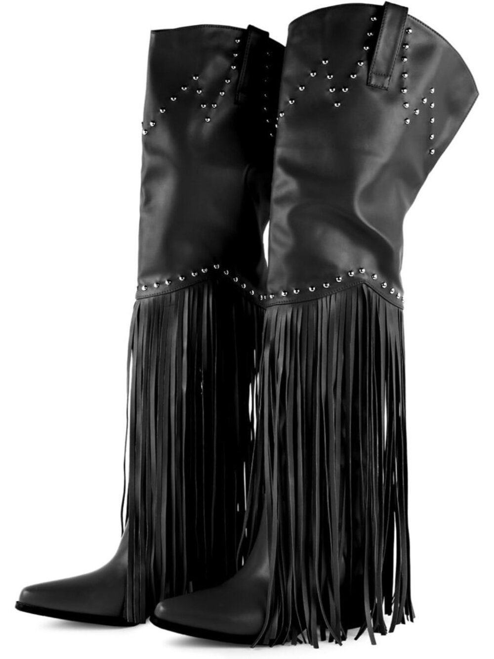 〽️Women's Knee-Calf Faux Fur Boot Black Faux Leathe Furry Heelr Round Toe